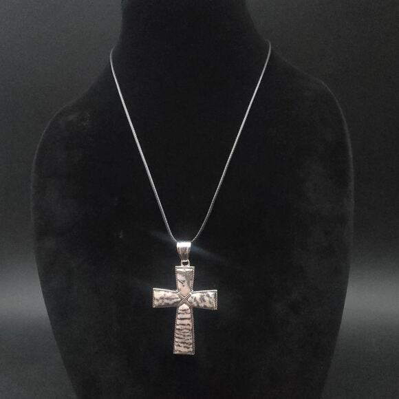 Pink Zebra Jasper Cross Pendant Necklace on Black Cord - Picture 10 of 10